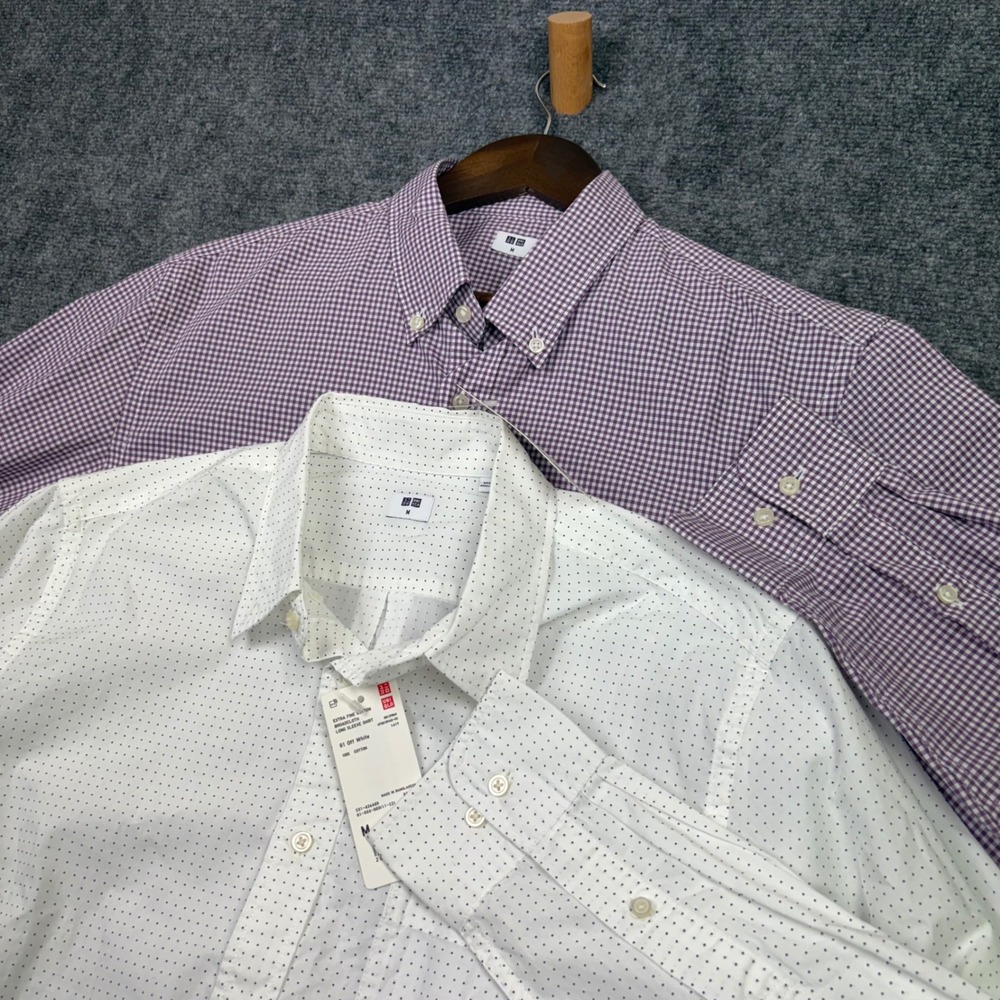 Uniqlo Button Down Shirt Mens M Multi 2pk Gingham Micro Dot Extra Fine Cotton